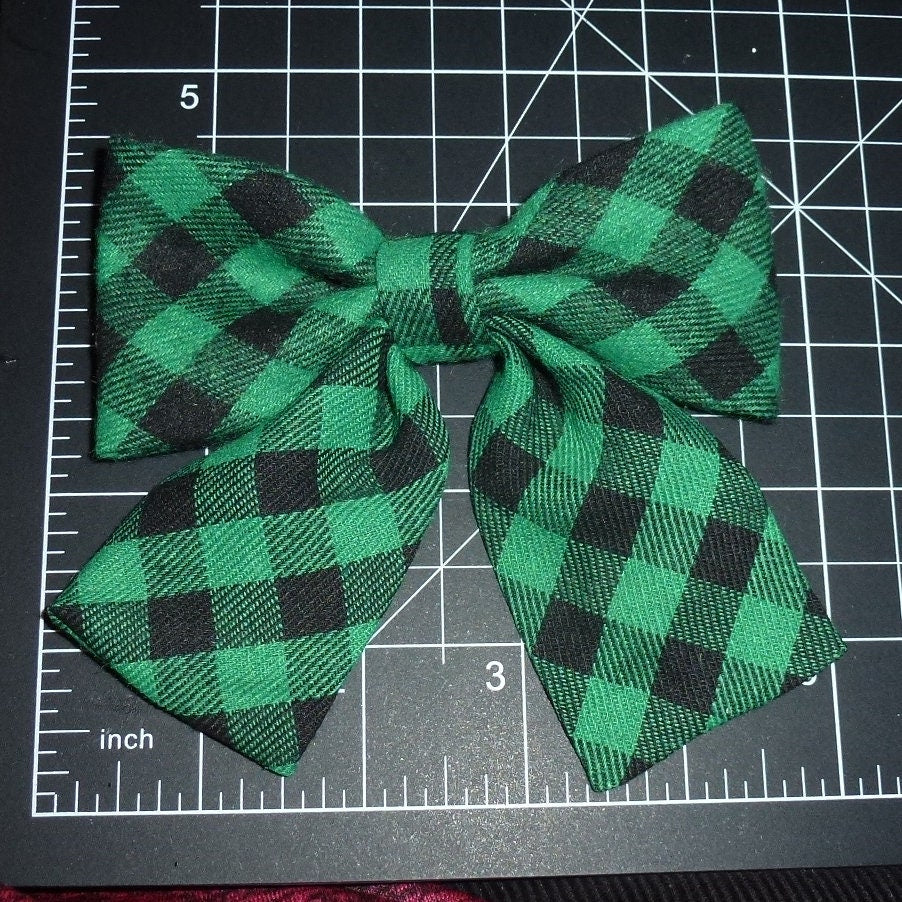 Dog collar slide bow Christmas buffalo plaid red or green bow accessory (FB439))