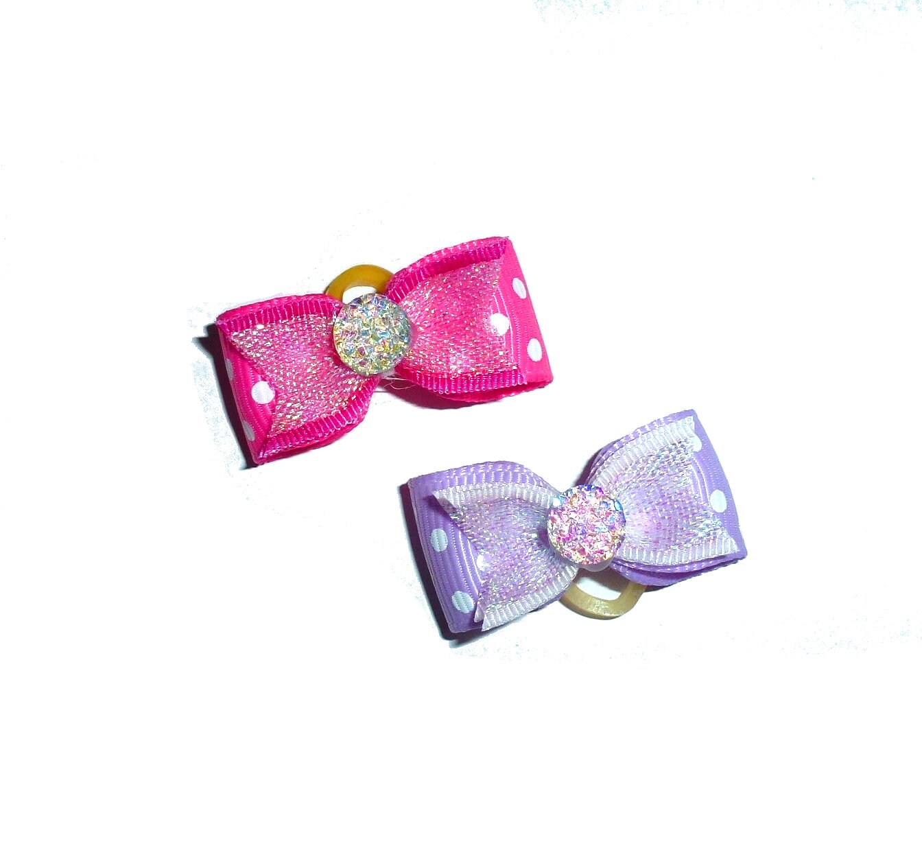 Puppy Dog Bows ~ 2 tiny pink purple shiny show pet hair bow barrettes (fb8)