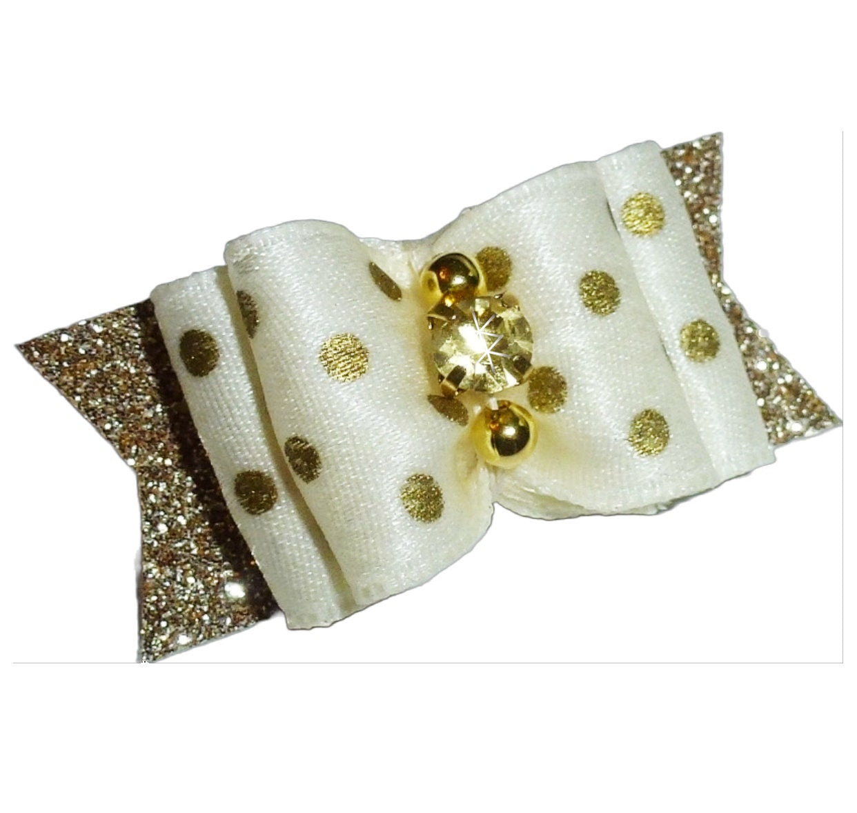 Puppy Dog Bows ~ Gold dots show with rhinestone center pet hair bow barrettes (fb5)