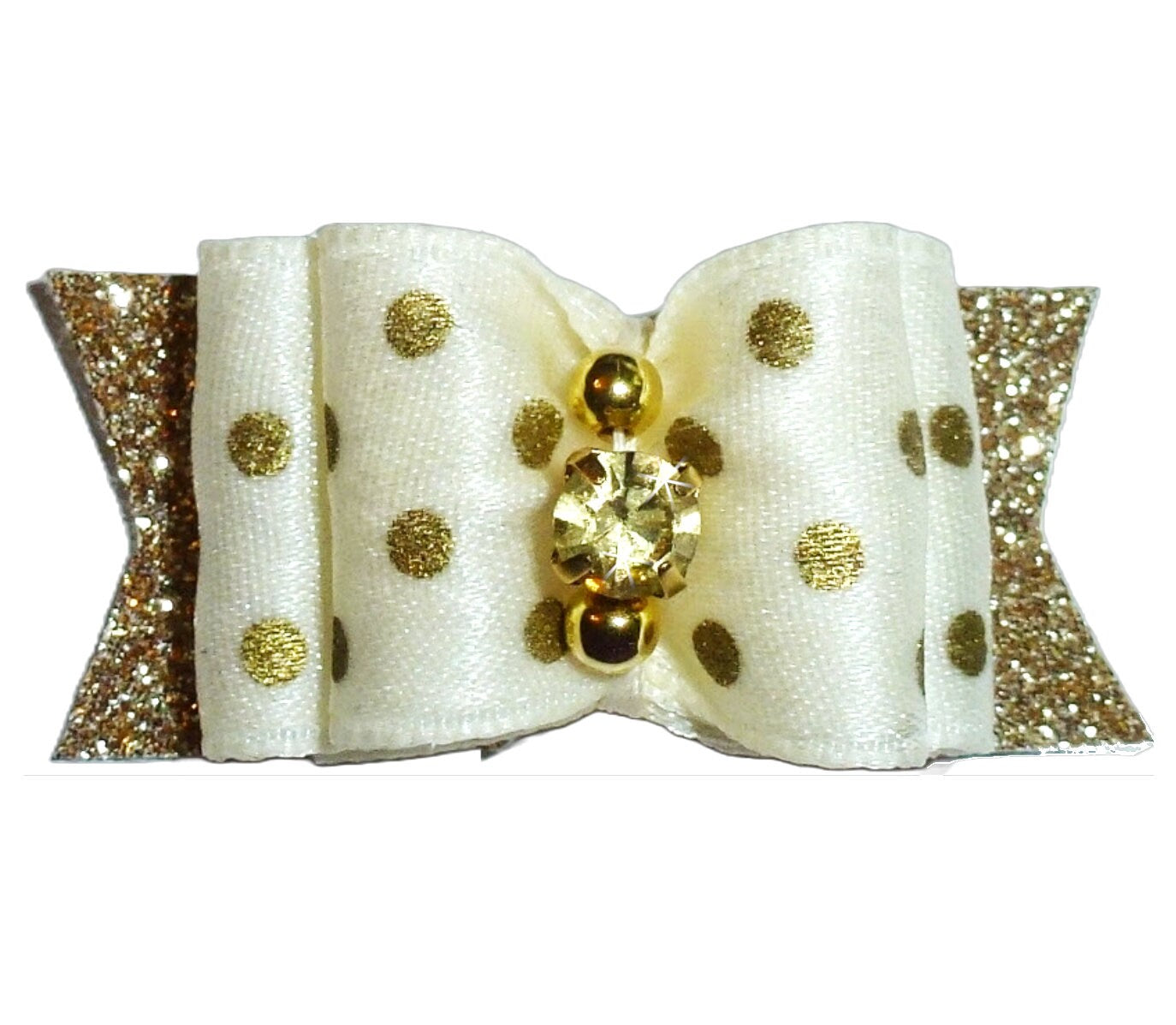 Puppy Dog Bows ~ Gold dots show with rhinestone center pet hair bow barrettes (fb5)