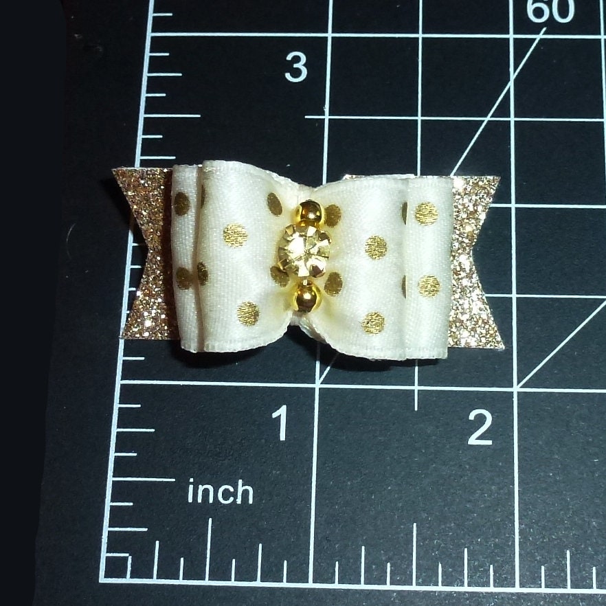 Puppy Dog Bows ~ Gold dots show with rhinestone center pet hair bow barrettes (fb5)