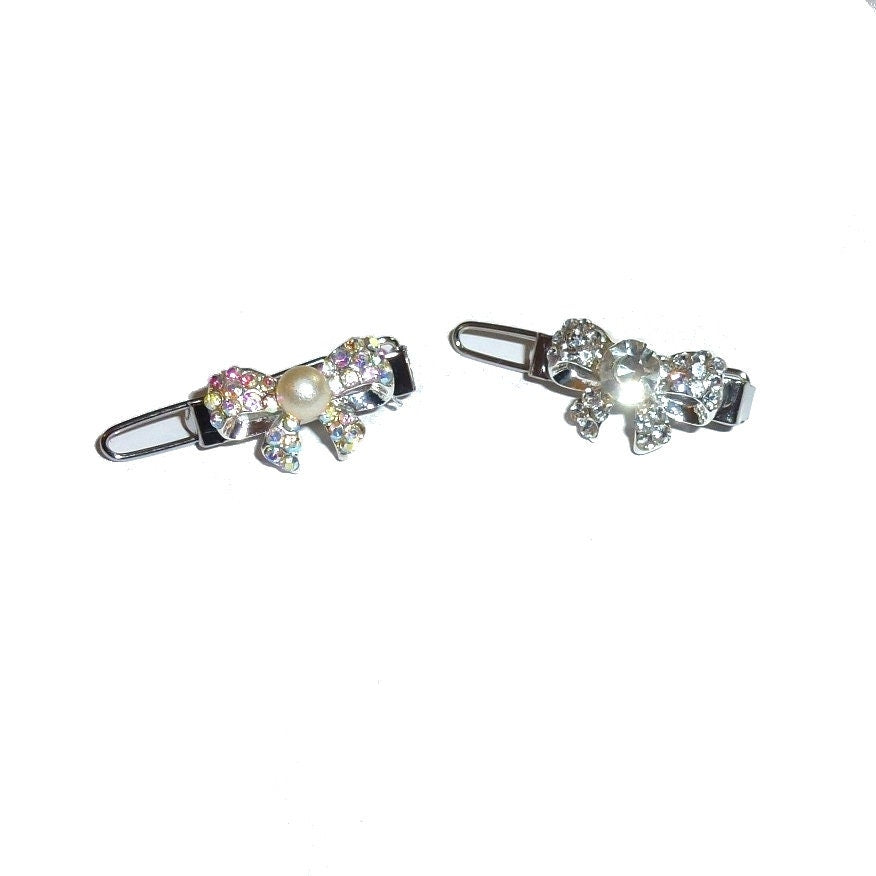 Puppy Dog Bows ~ Tiny crystal or pearl bowknot plastic puppy clips pet hair bow barrettes or bands (fb207W)