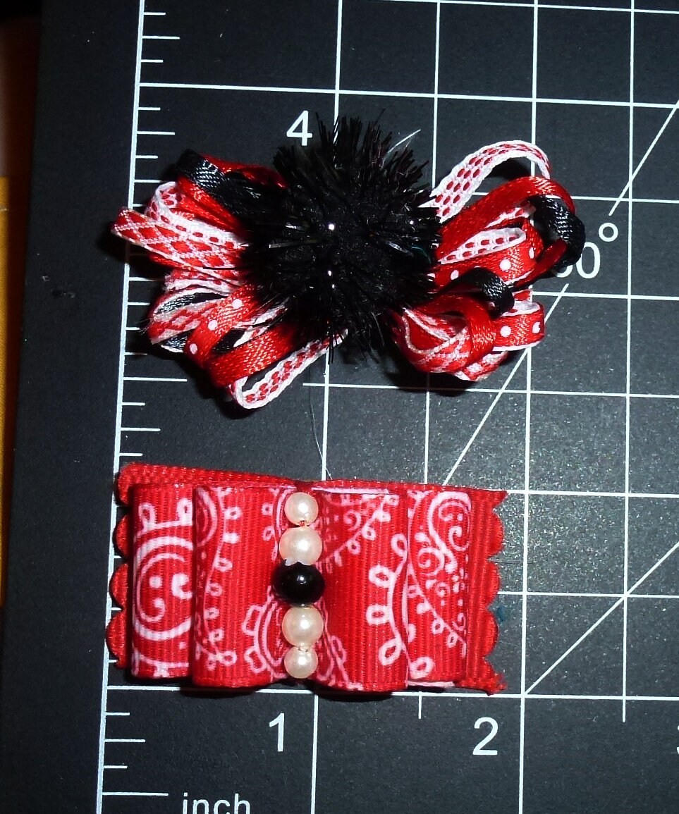 Dog hair small bows CLEARANCE pet grooming bow red black bands or barrette clip. (fb523B)