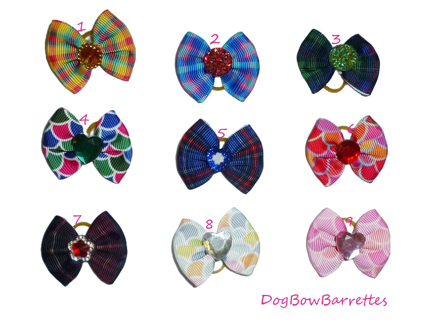 Puppy bows pretty plaids and patterns dog hair bow latex bands or barrette (fb87)