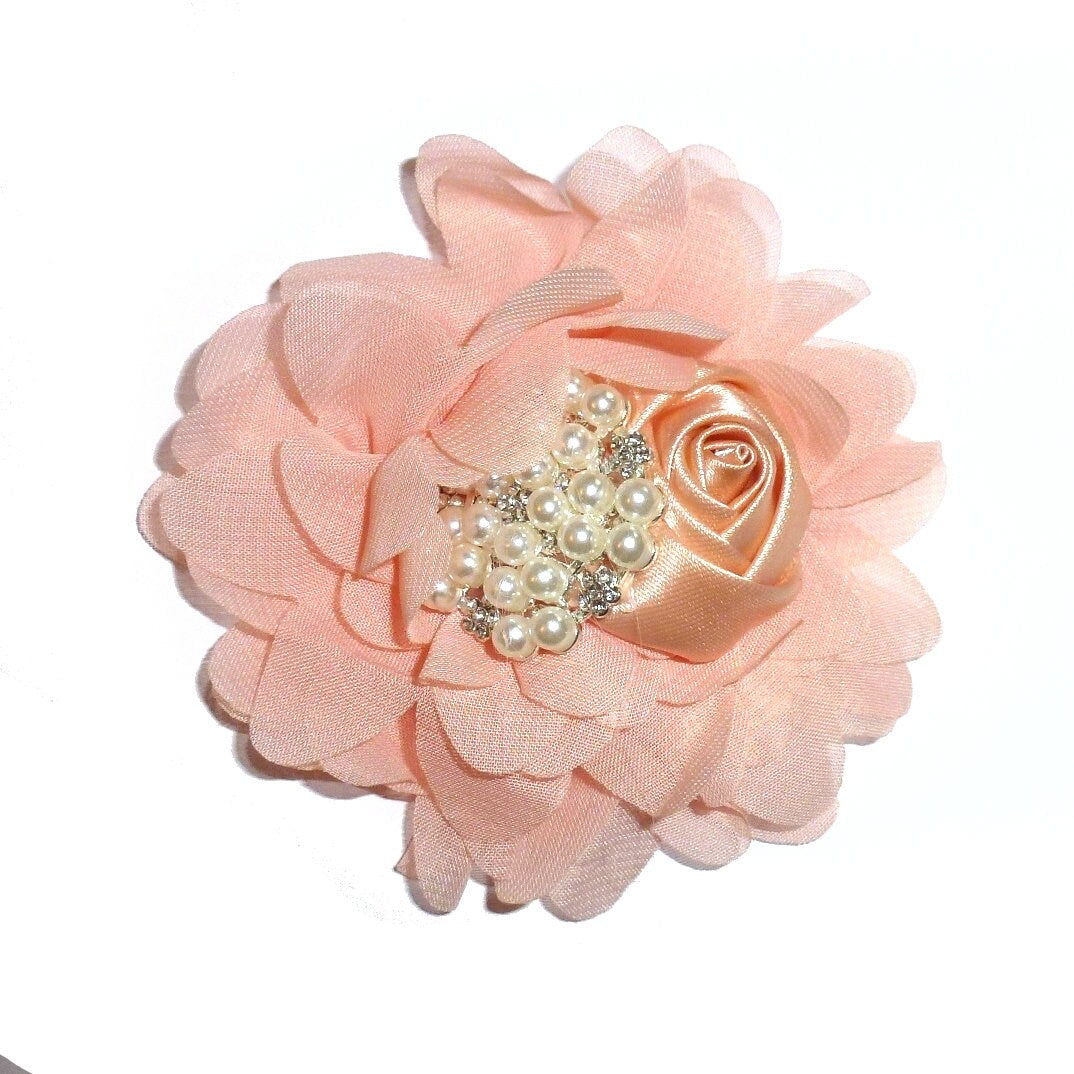 Peach pearl lotus Dog collar slide bow large dog hair bows ruffled flower (fb453)
