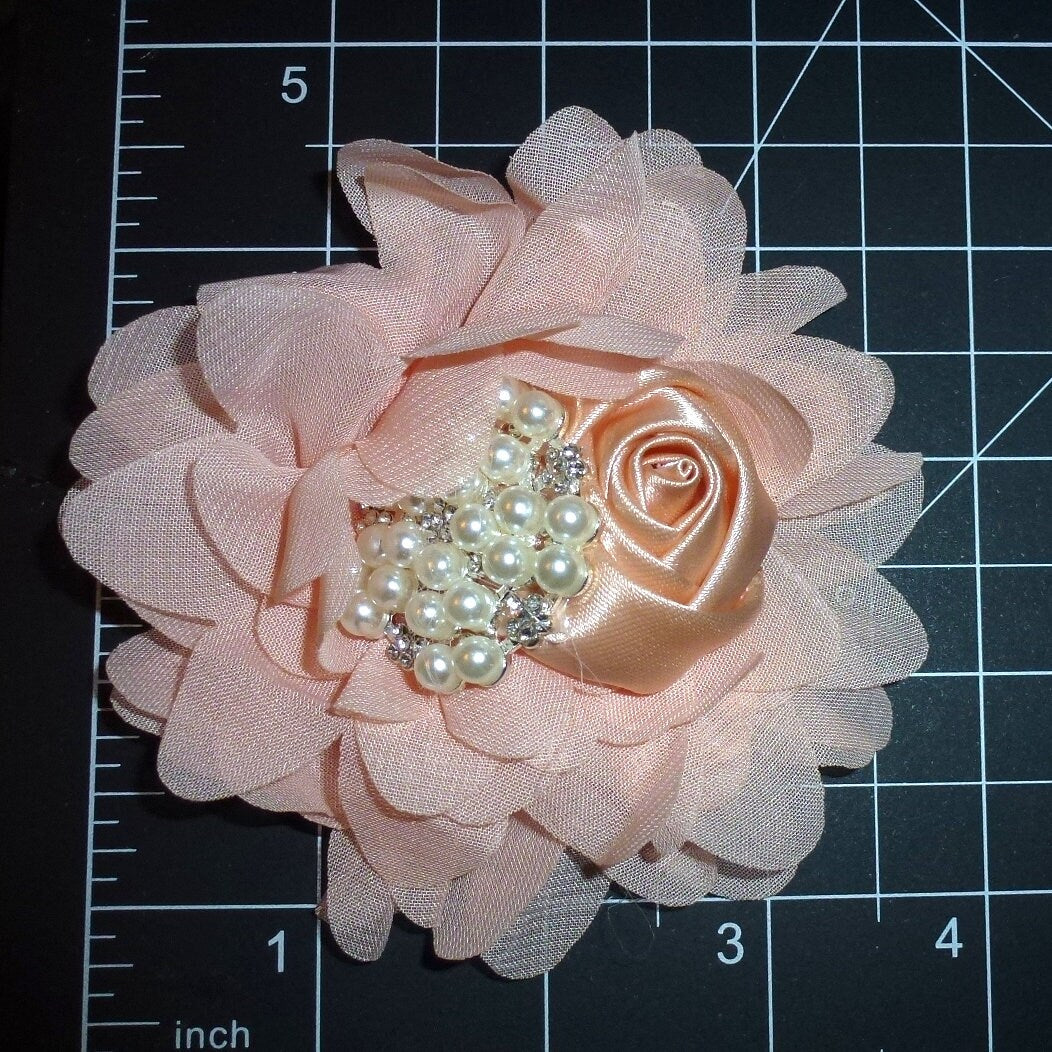 Peach pearl lotus Dog collar slide bow large dog hair bows ruffled flower (fb453)