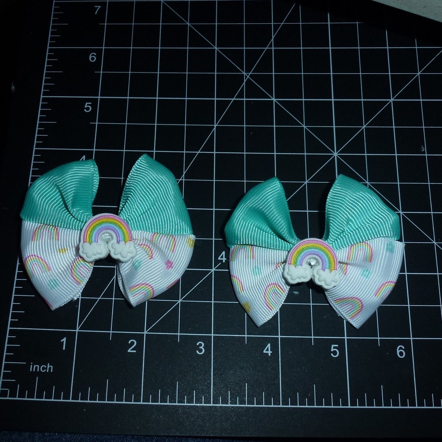 Puppy Bows ~ Turquoise blue double loop rainbow pet hair bow latex bands or barrette (fb443C)