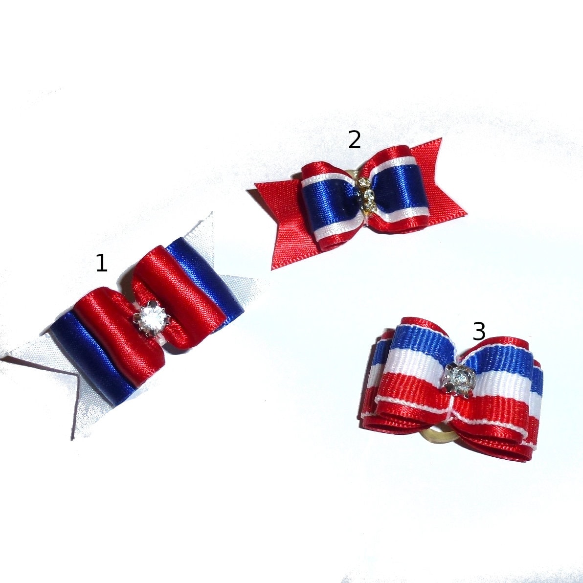 Puppy Bows ~ 4th of July dog show bows 7/8" 5/8" red white blue barrette or latex bands (fb370)