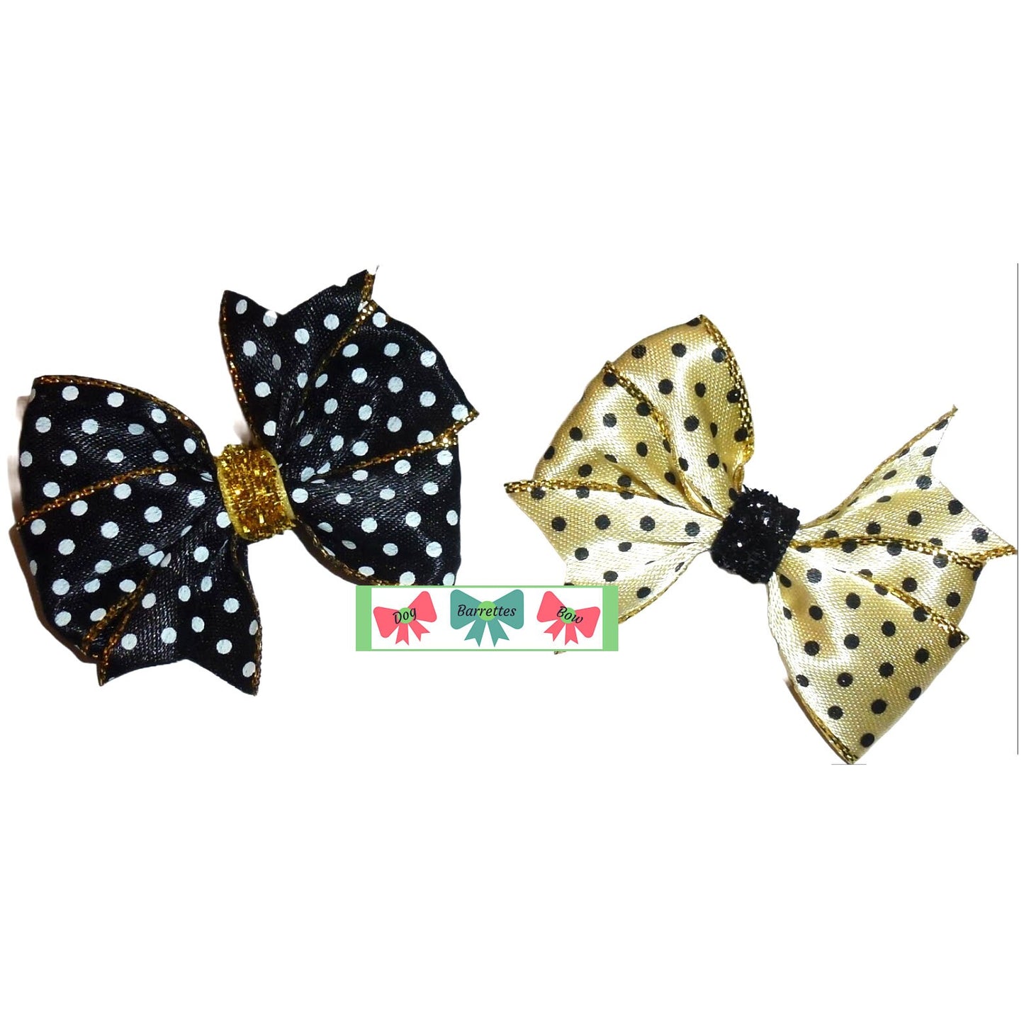 Puppy Bows ~ Black/white or Gold/black windmill bow hair barrette or bands (FB443E)