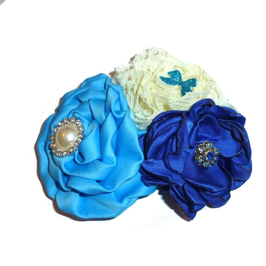 Puppy Bows ~ Dog collar slide bow large dog hair bows blue rhinestone ruffled flower ~USA seller (dc10)