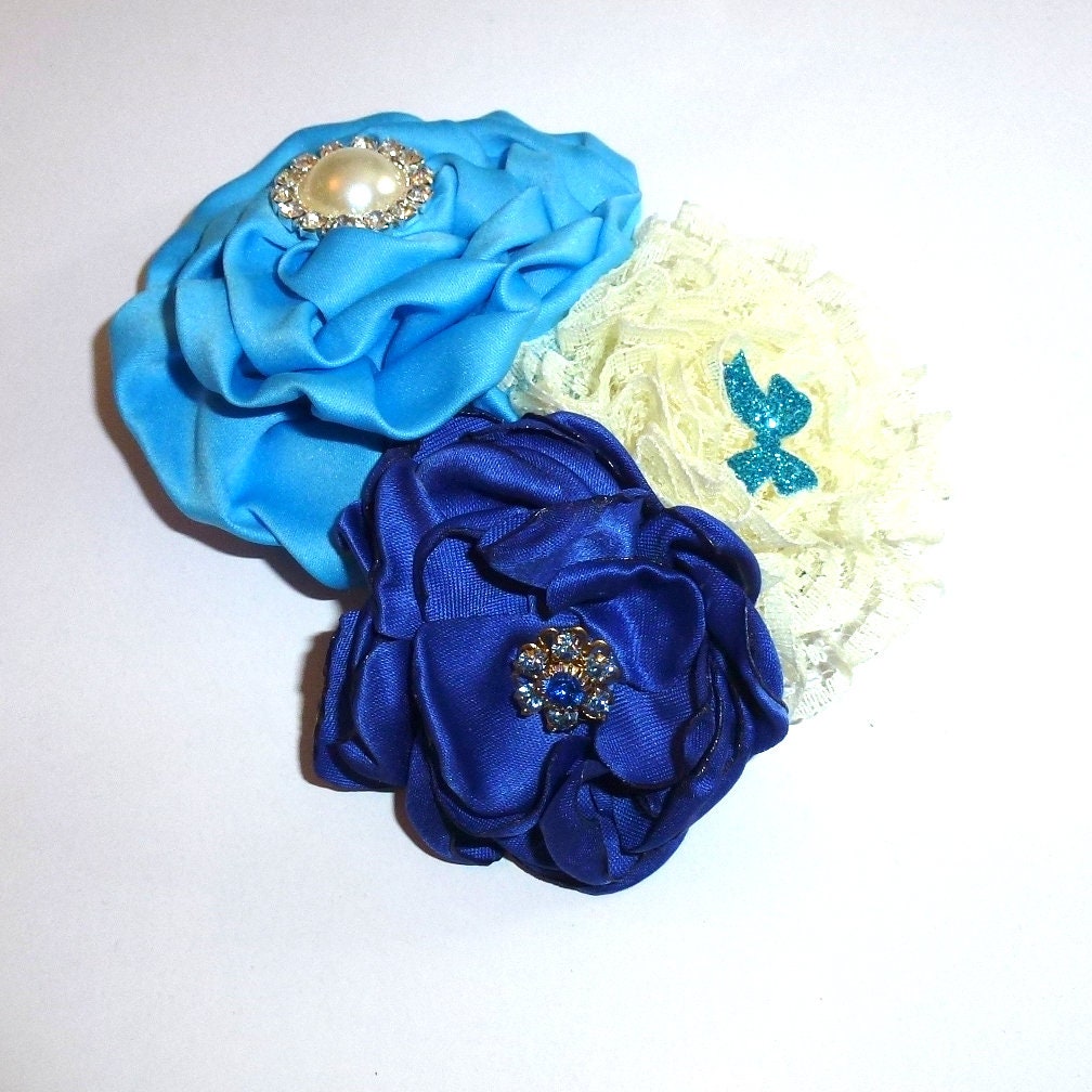 Puppy Bows ~ Dog collar slide bow large dog hair bows blue rhinestone ruffled flower ~USA seller (dc10)