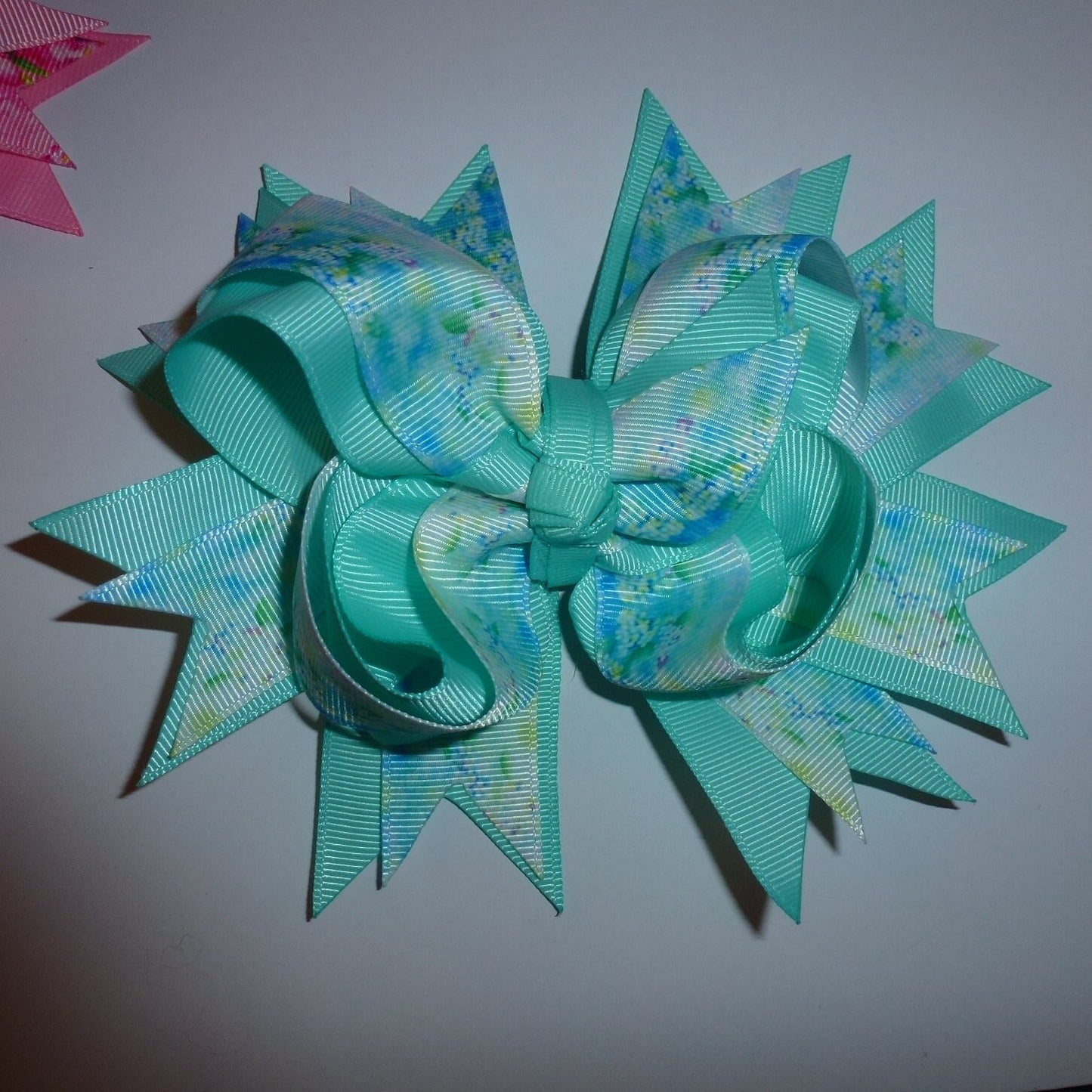 Puppy Bows ~ Pink or blue floral spring bow 5" big bowknot bow bands or barrette or collar slide (DC32)