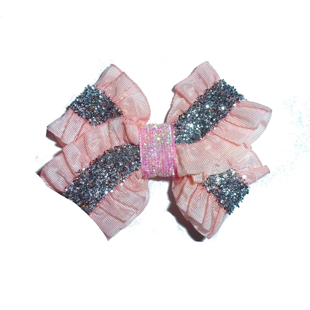 Puppy Bows ~ Peachy pink and silver ruffle pet hair bow - (fb218)