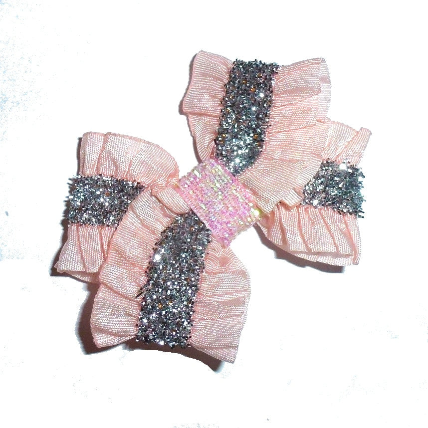 Puppy Bows ~ Peachy pink and silver ruffle pet hair bow - (fb218)