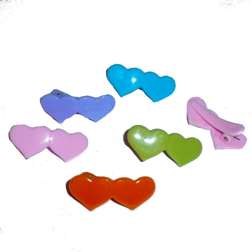 Dog hair clip double hearts SET OF 6 alligator clip plastic barrette (fb236)