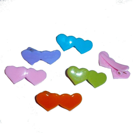 Dog hair clip double hearts SET OF 6 alligator clip plastic barrette  (fb236)