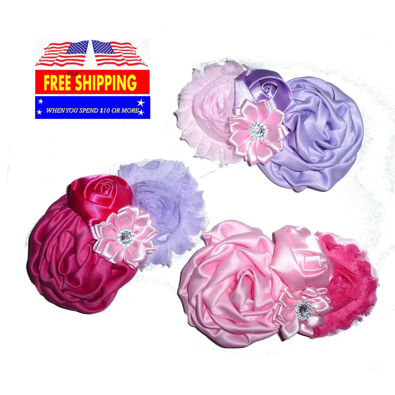 Rolled roses and rhinestone flowers dog collar slide accessory hair bows barrettes or bands (dc40)