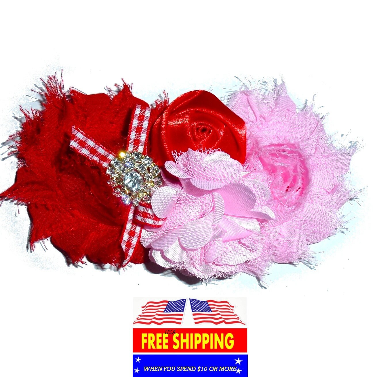 Gingham rhinestone pink red flowers dog collar slide accessory hair bows barrettes or bands (dc39)