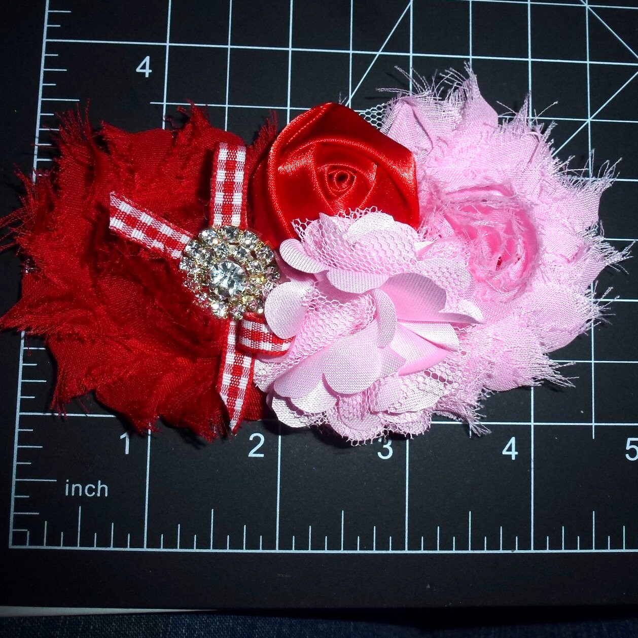 Gingham rhinestone pink red flowers dog collar slide accessory hair bows barrettes or bands (dc39)