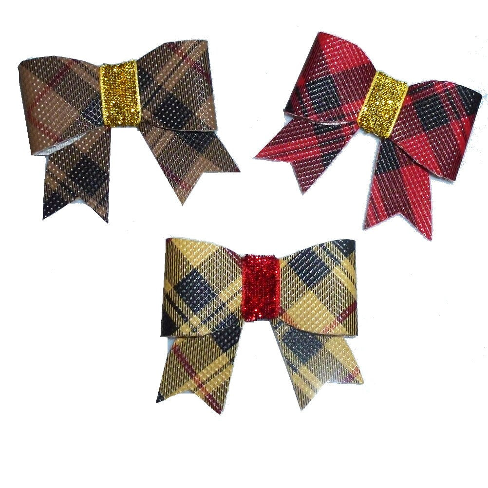 Puppy Bows ~ brown plaid faux leather pet hair bow x 3 barrette latex bands (FB4AA)