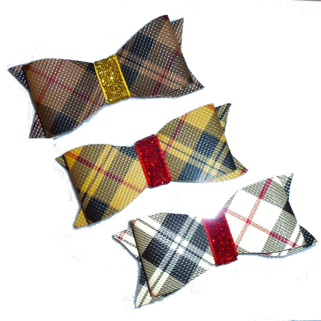 Puppy Bows ~ brown plaid faux leather pet hair bow x 3 barrette latex bands (FB3AA)