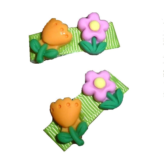 Pink daisy orange tulip flower snap clip barrette pet hair dog bow (fb335A)