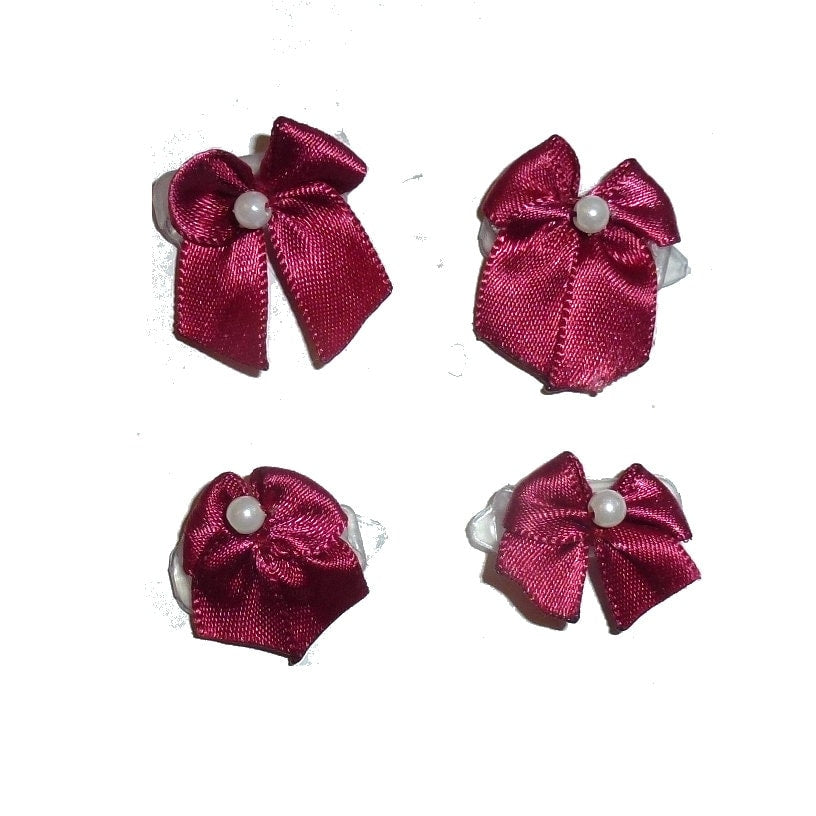 Super tiny pearl beaded 8 burgundy satin bows on plastic barrette clip pet hair dog bow (fb361P)