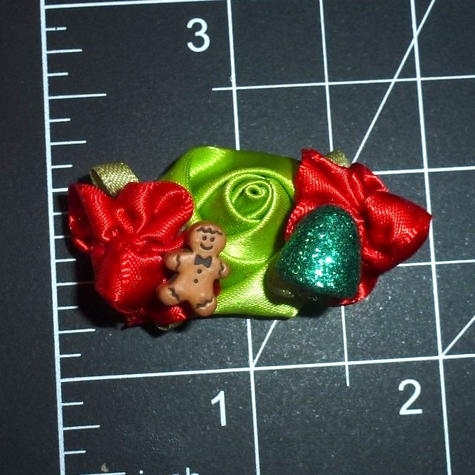 Christmas gingerbread gummy candy red/green satin roses latex bands or barrette clip pet hair dog bow (fb361V)