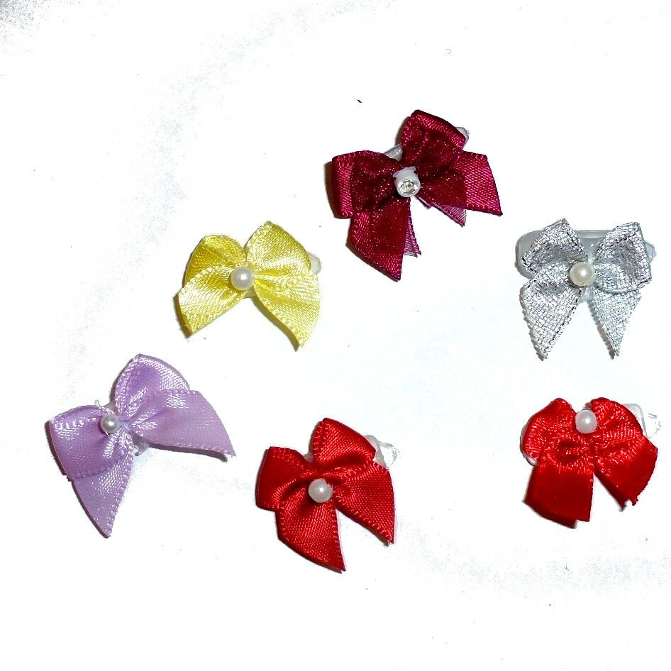 Super tiny pearl beaded 6 satin bows on plastic barrette clip pet hair dog bow (fb361M)