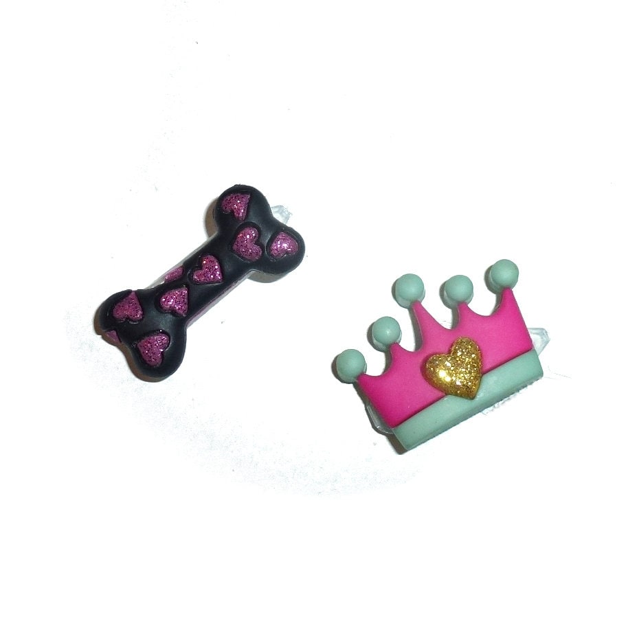Glitter bone and pink crown plastic barrette clip pet hair dog bow (fb361L)
