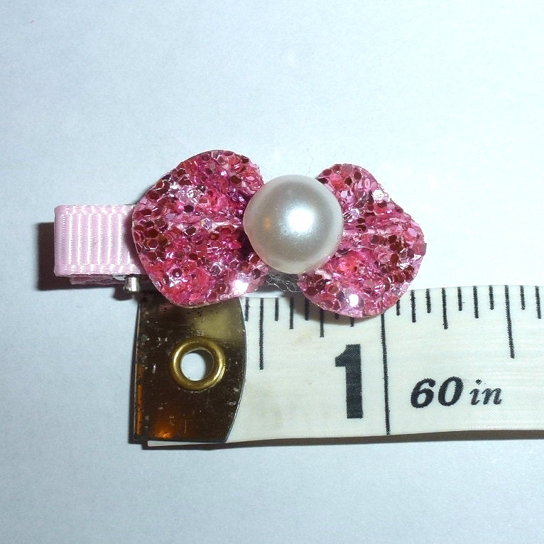 Super cute tiny glitter dog bows with pearls on alligator barrette clips (RC6)