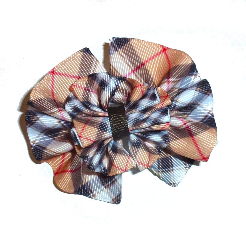 Puppy Bows ~ Khaki black red plaid dog collar slide accessory or pet hair bow (fb416F)
