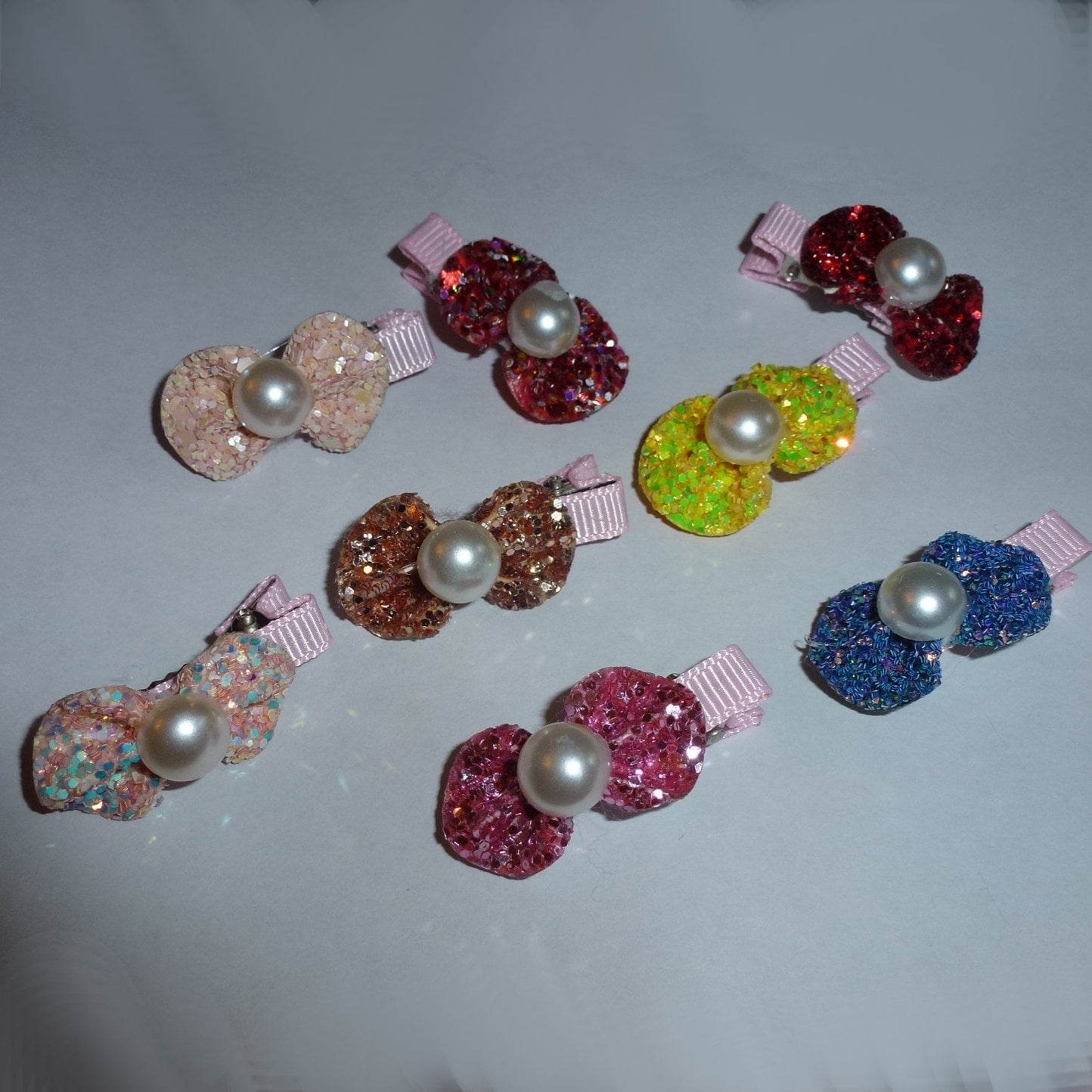 Super cute tiny glitter dog bows with pearls on alligator barrette clips (RC6)