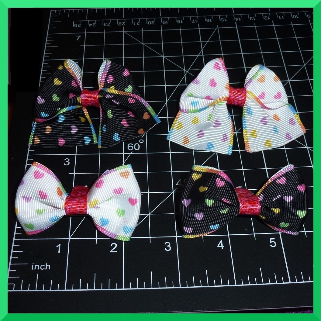 Puppy Bows ~SET OF 4 black white rainbow hearts hair bowknot bow bands or barrette (fb464)