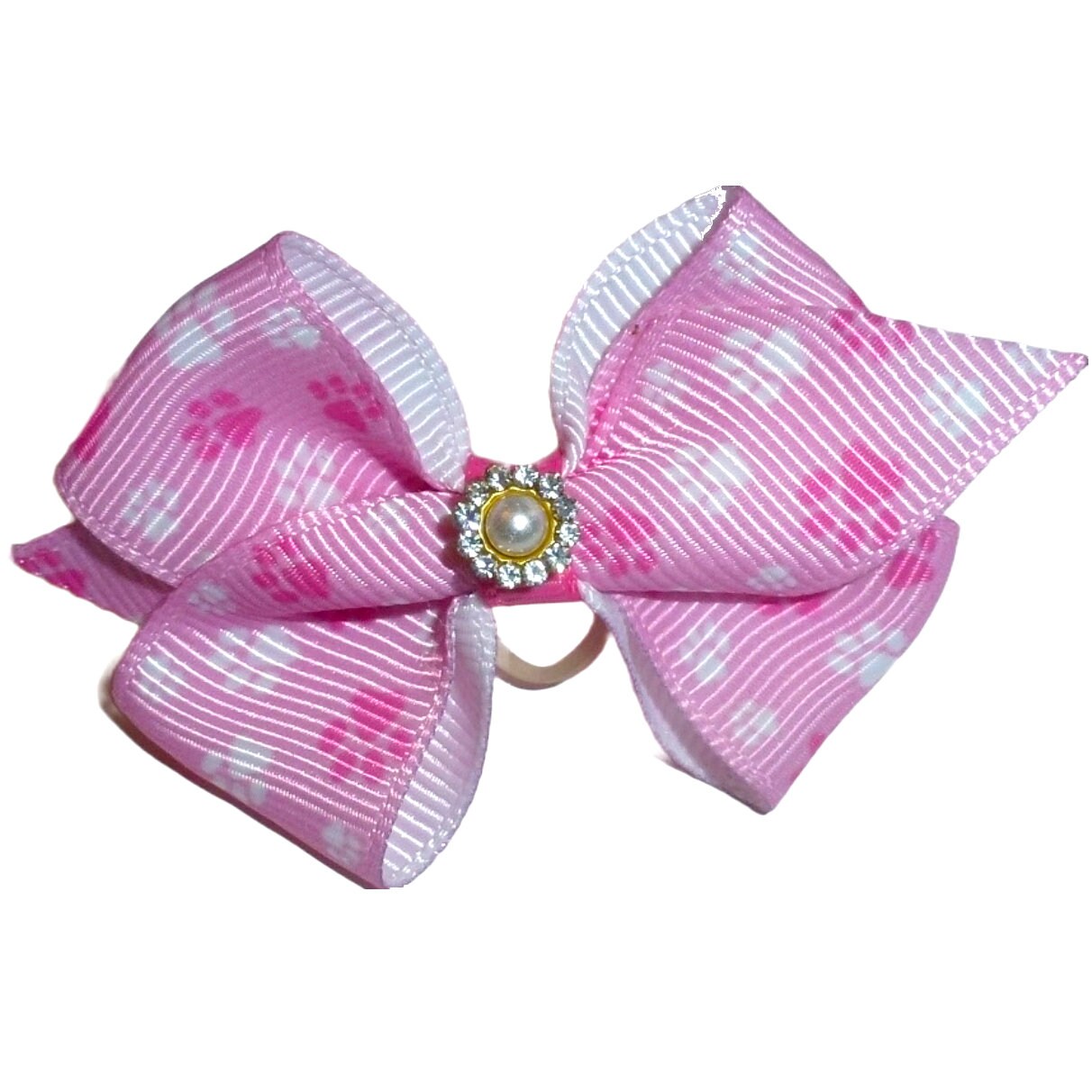 Puppy Bows pink paw print rhinestone pearl dog bow pet hair bow (FB3F)