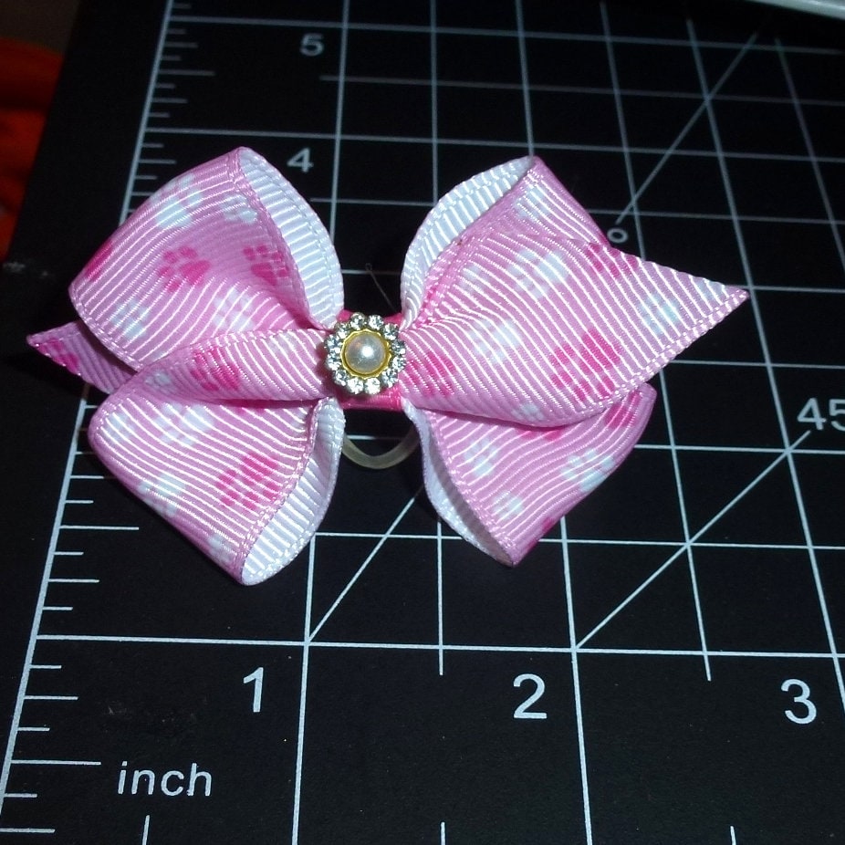 Puppy Bows pink paw print rhinestone pearl dog bow pet hair bow (FB3F)