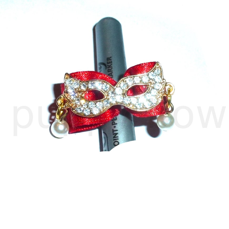 Mardi Gras dog bow rhinestone mask show bows 5/8" satin bands or barrette (fb213)