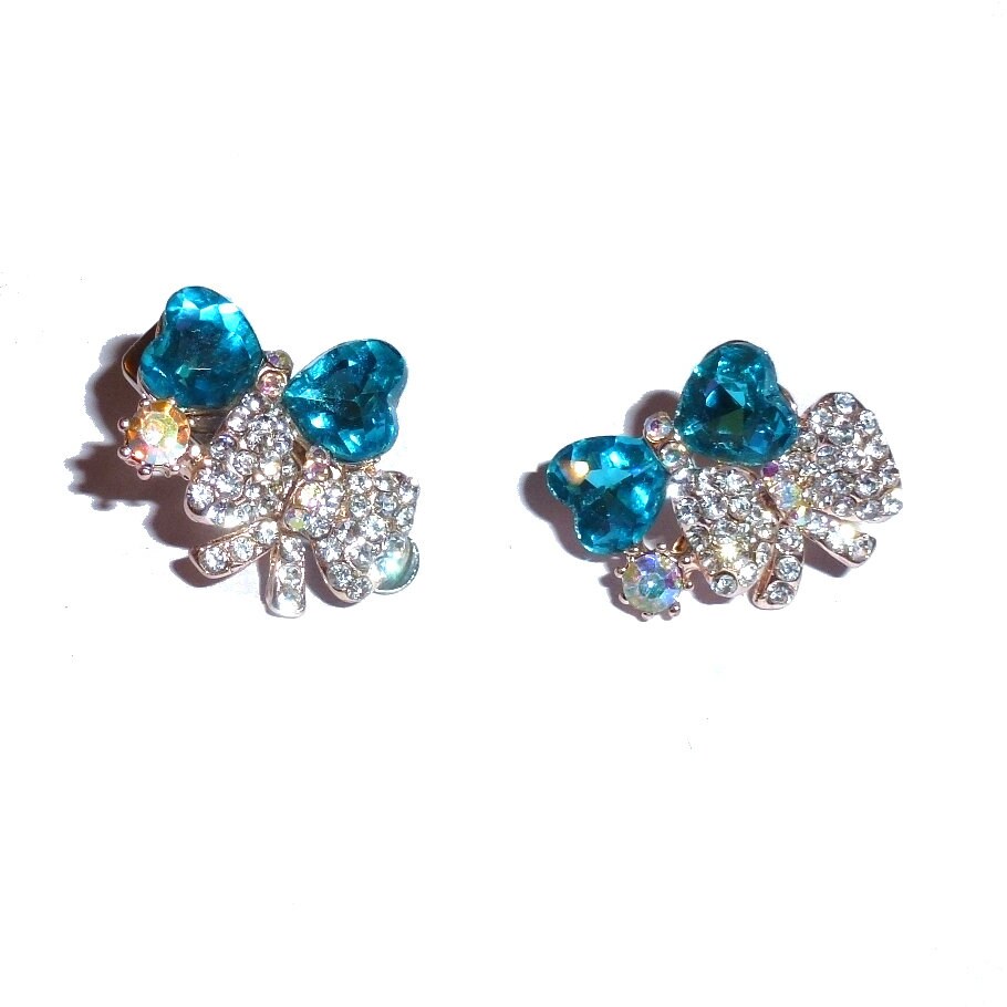 Dog Bows ~ Bowknot blue & crystal Wee super tiny bow less than 1" pet hair barrette clip (fb411F)