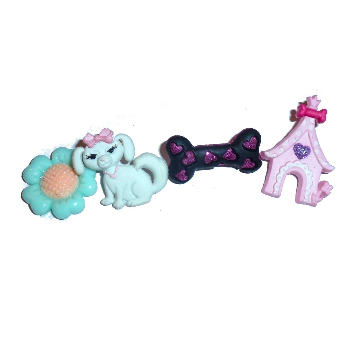 CLEARANCE set of 4 tiny pet hair clip barrette or latex bands dog bone house flower - (fb116A)