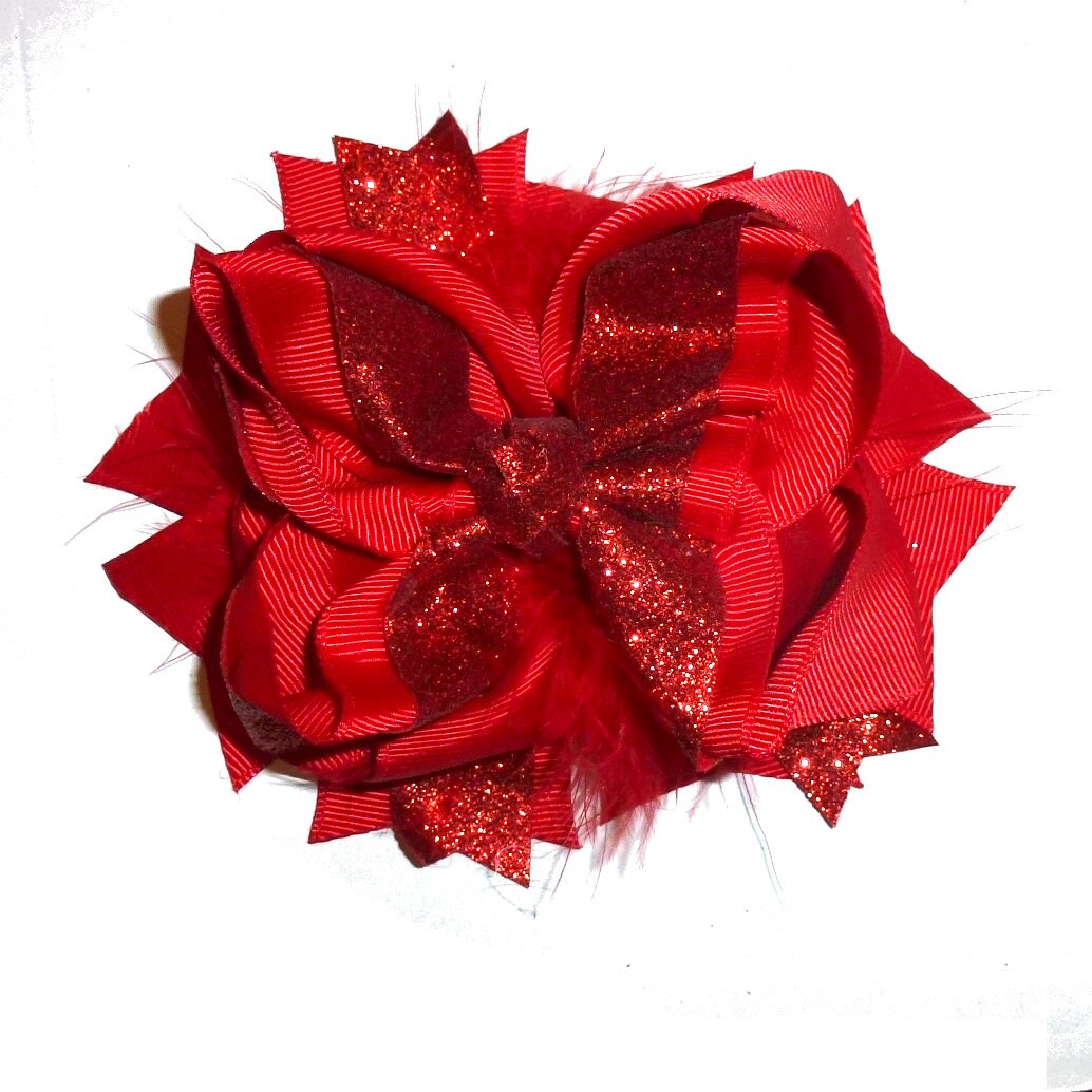 Puppy Bows ~ Red feather glitter bow 5" big bowknot bow bands or barrette or collar slide (DC45)