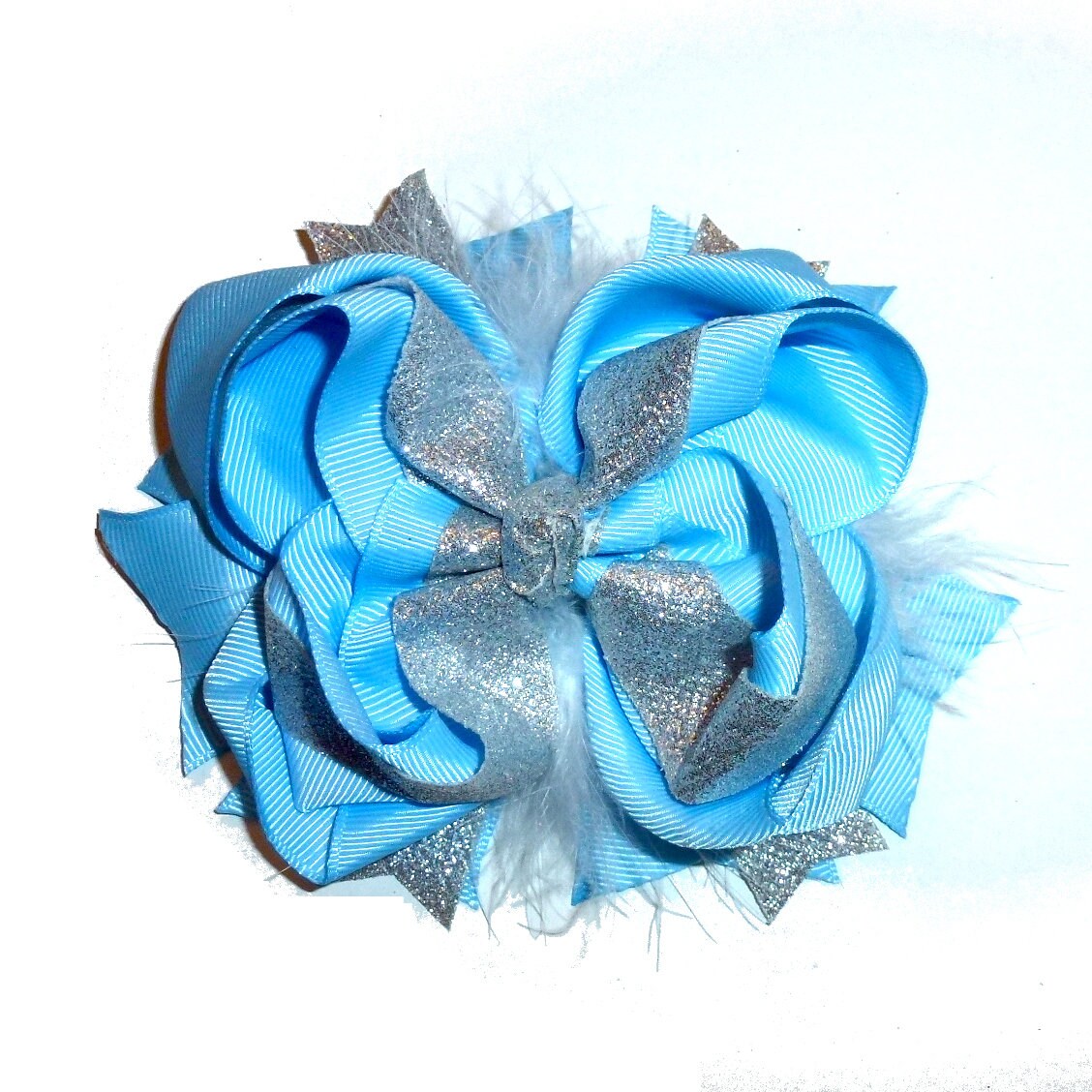 Puppy Bows ~ Blue silver feather glitter bow 5" big bowknot bow bands or barrette or collar slide (DC45)