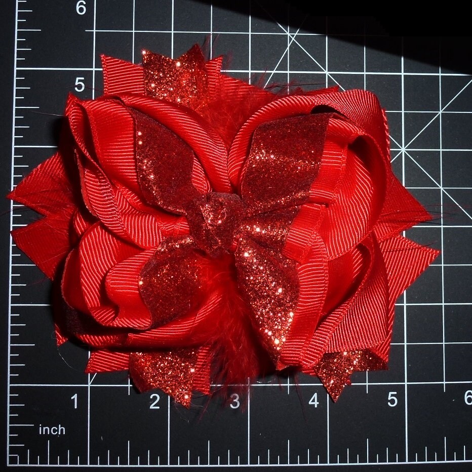 Puppy Bows ~ Red feather glitter bow 5" big bowknot bow bands or barrette or collar slide (DC45)