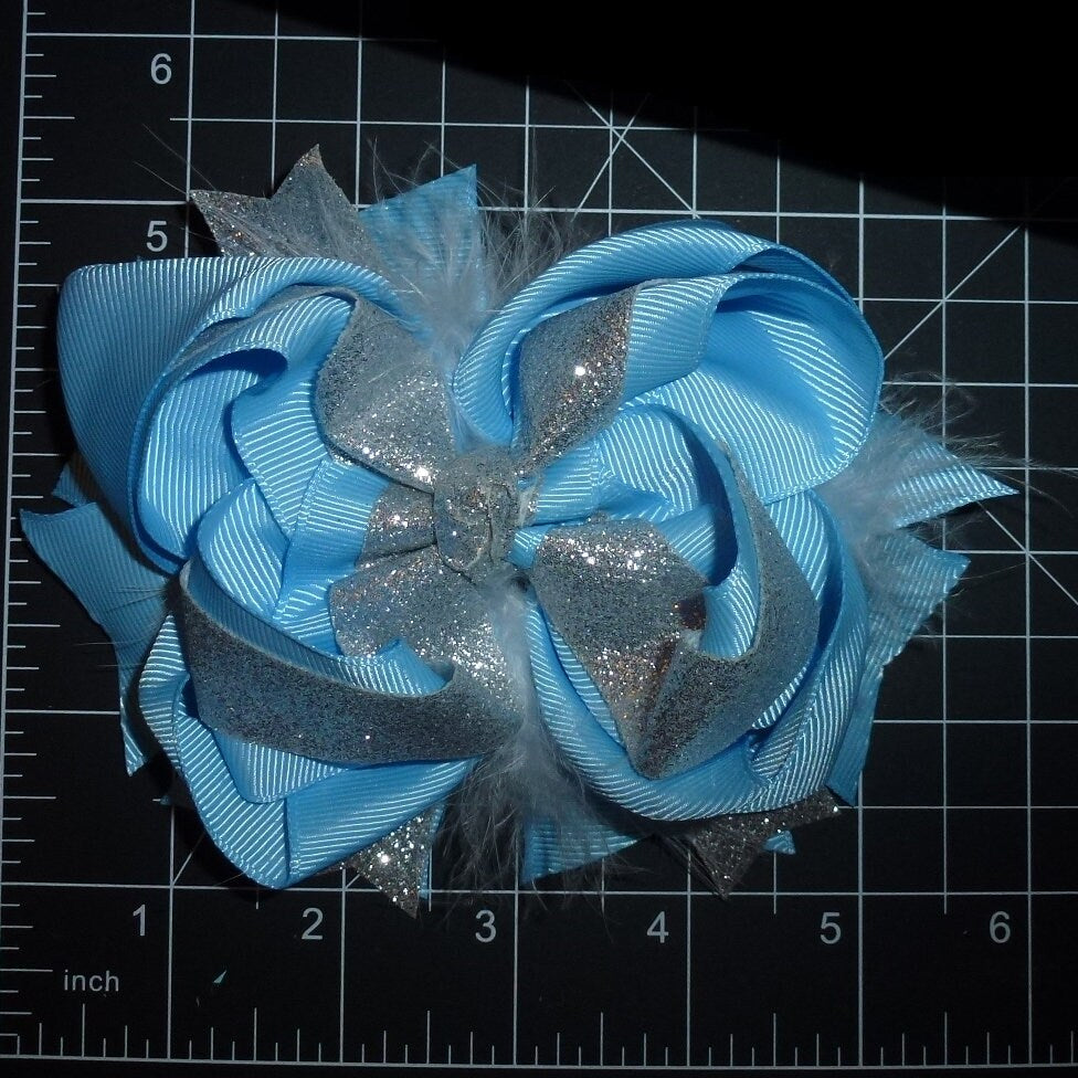 Puppy Bows ~ Blue silver feather glitter bow 5" big bowknot bow bands or barrette or collar slide (DC45)