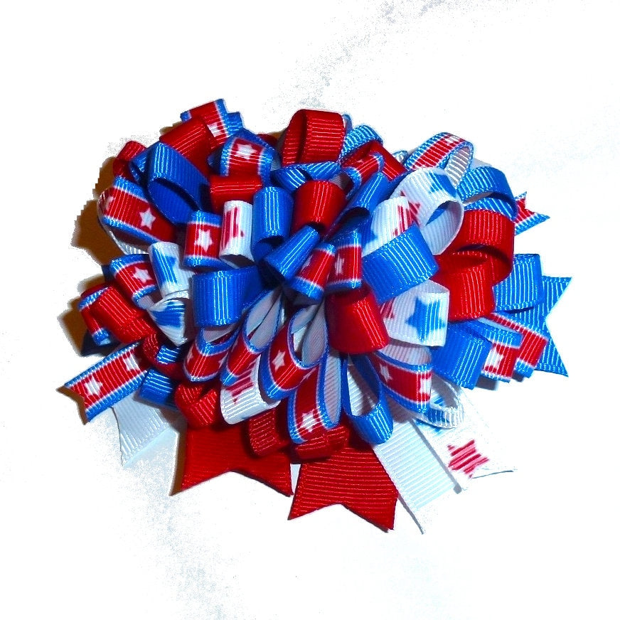 Puppy Bows ~ BIG bow loopy red white blue 4" dog hair bow or collar slide bands or clip (DC51)