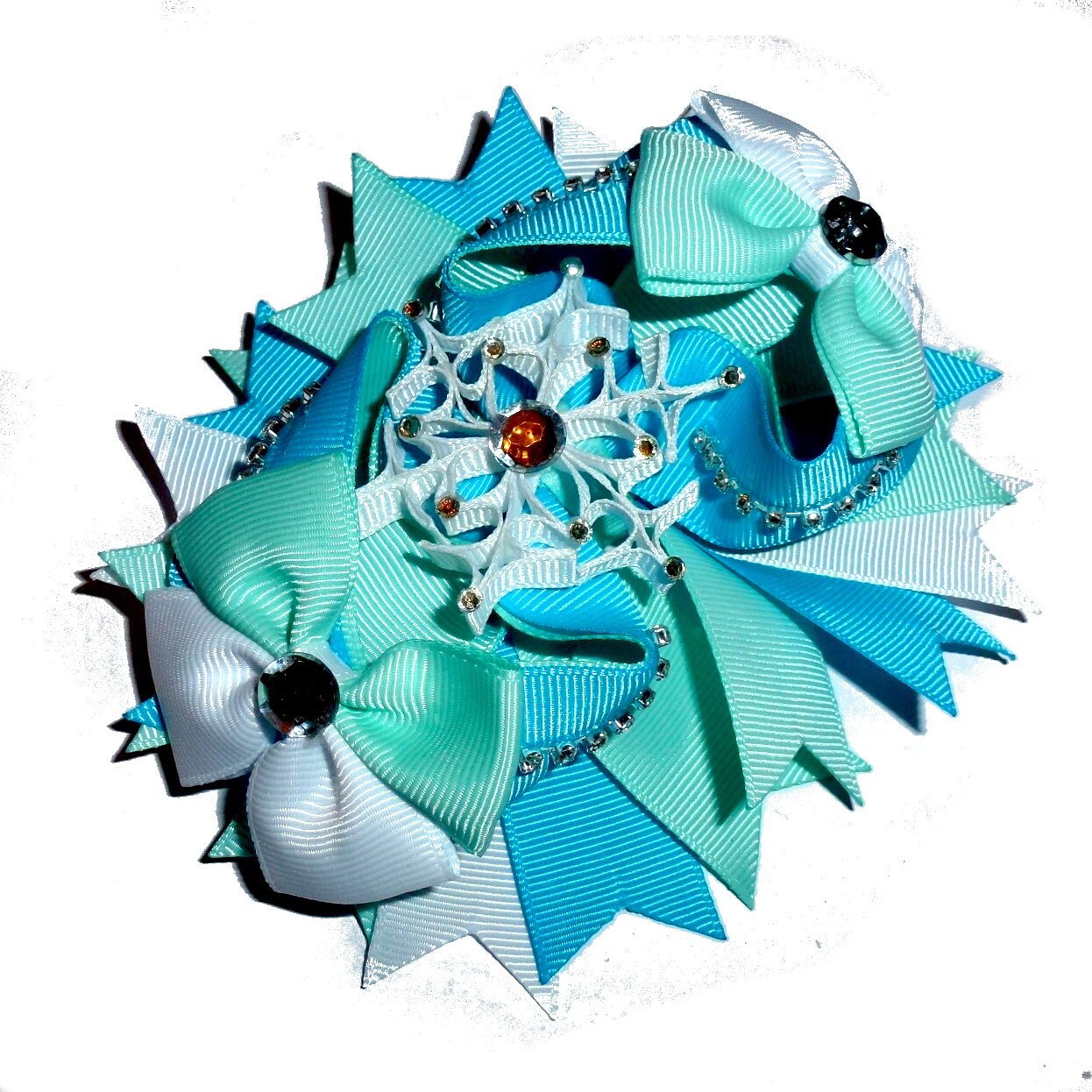 Puppy Bows winter snowflake new years blue turquoise white multicolor loopy ribbons accessories (DC19)