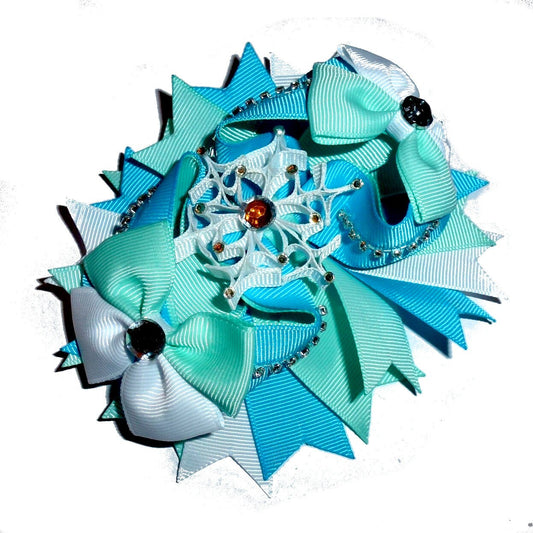 Puppy Bows winter snowflake new years blue turquoise white  multicolor loopy ribbons accessories (DC19)