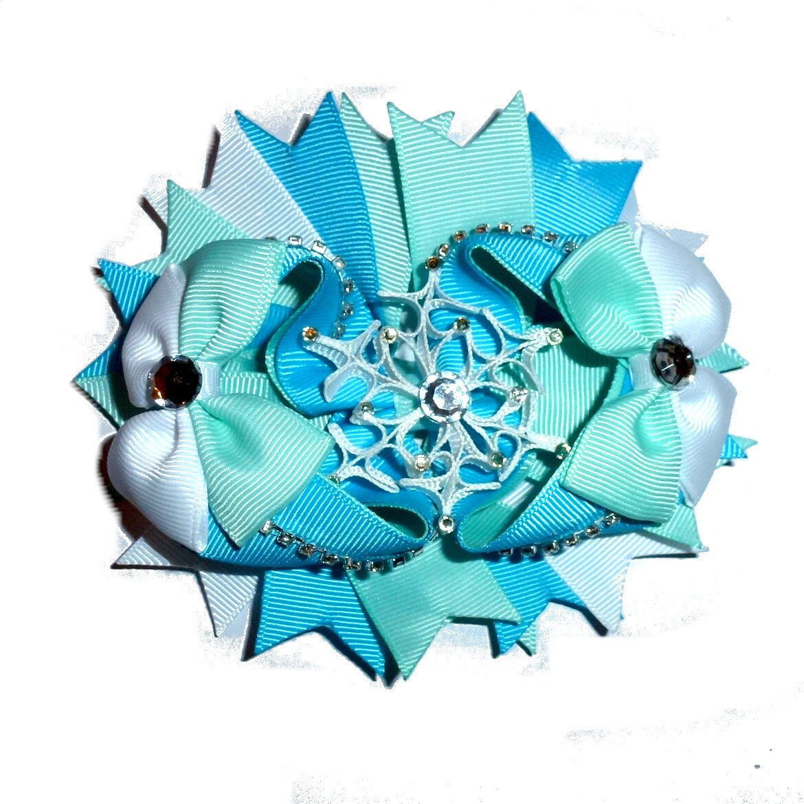 Puppy Bows winter snowflake new years blue turquoise white multicolor loopy ribbons accessories (DC19)