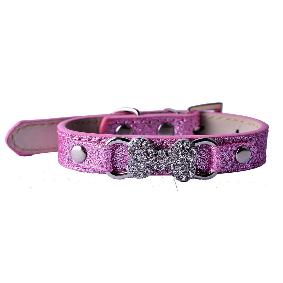 Puppy Dog Bows ~ Rhinestone dog bone glitter small dog collar 8"-11" (fb151)