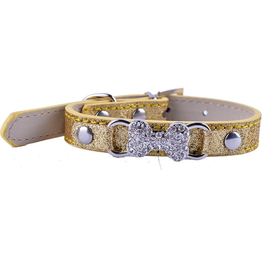 Puppy Dog Bows ~ Rhinestone dog bone glitter small dog collar 8"-11" (fb151)