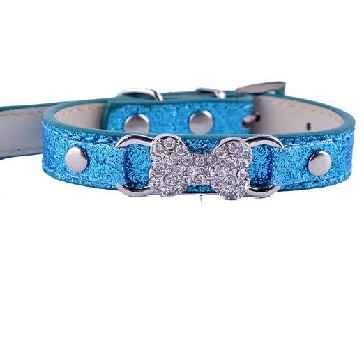 Puppy Dog Bows ~ Rhinestone dog bone glitter small dog collar 8"-11" (fb151)